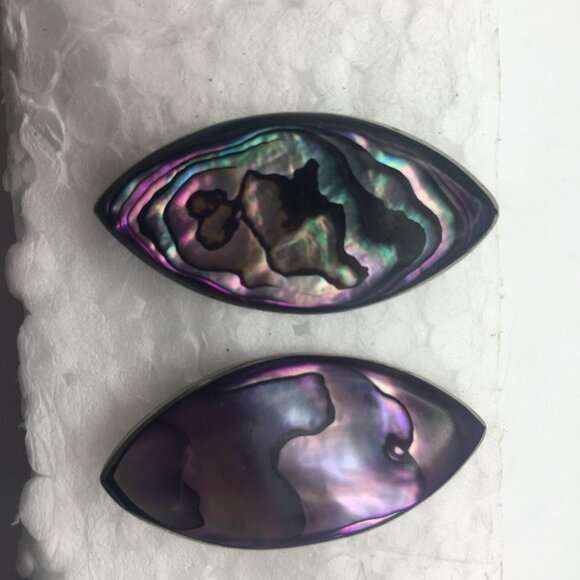 Vintage Alpaca Silver Genuine Purple Abalone Leaf Shape Stud Earrings Mexico 1" - Picture 7 of 12
